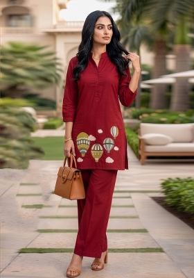 Red Embroidered Cotton Salwar Kameez