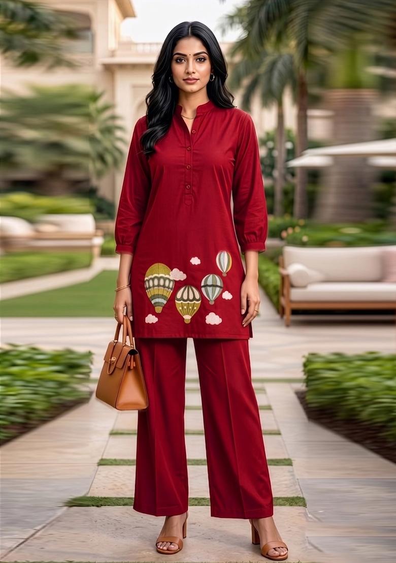 Red Embroidered Cotton Salwar Kameez - Indya
