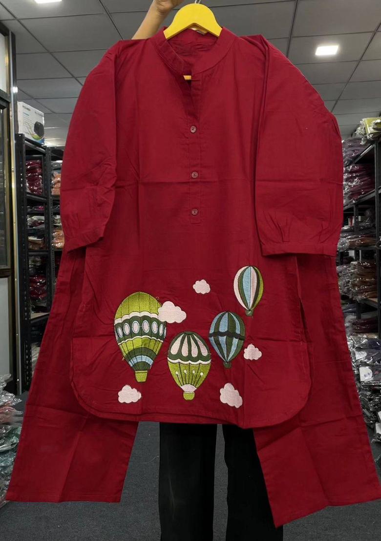 Red Embroidered Cotton Salwar Kameez - Indya