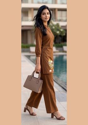 Brown Embroidered Cotton Salwar Kameez