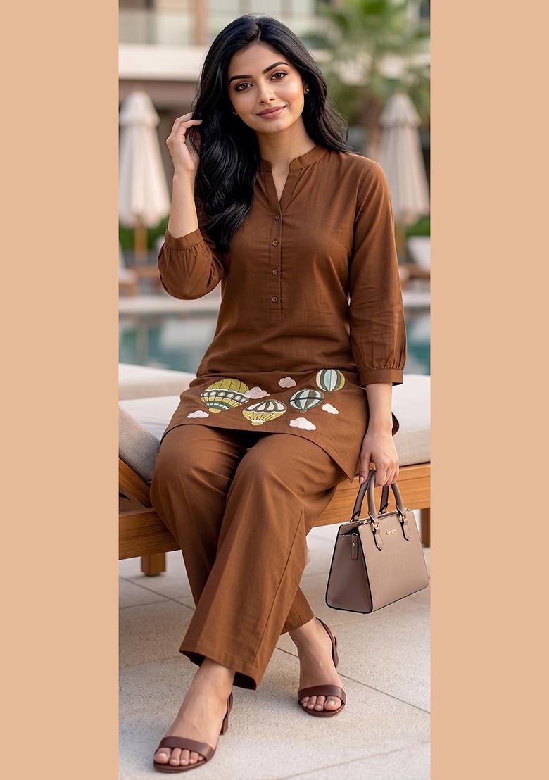 Brown Embroidered Cotton Salwar Kameez - Indya