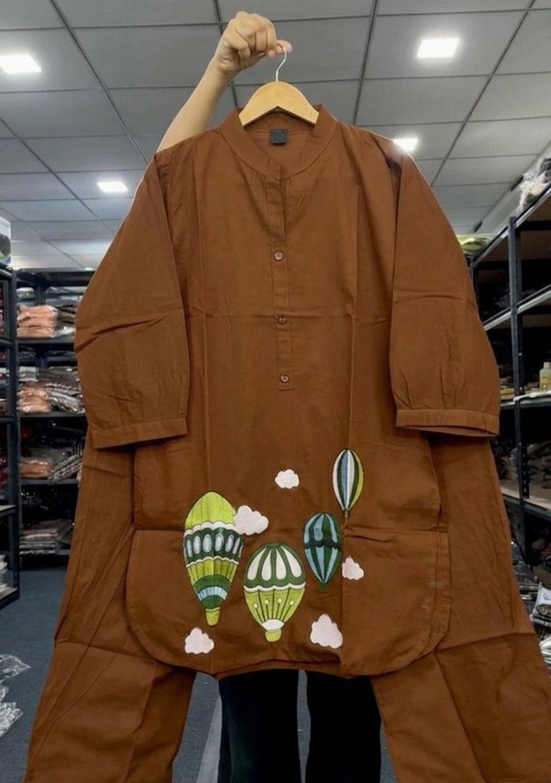 Brown Embroidered Cotton Salwar Kameez - Indya