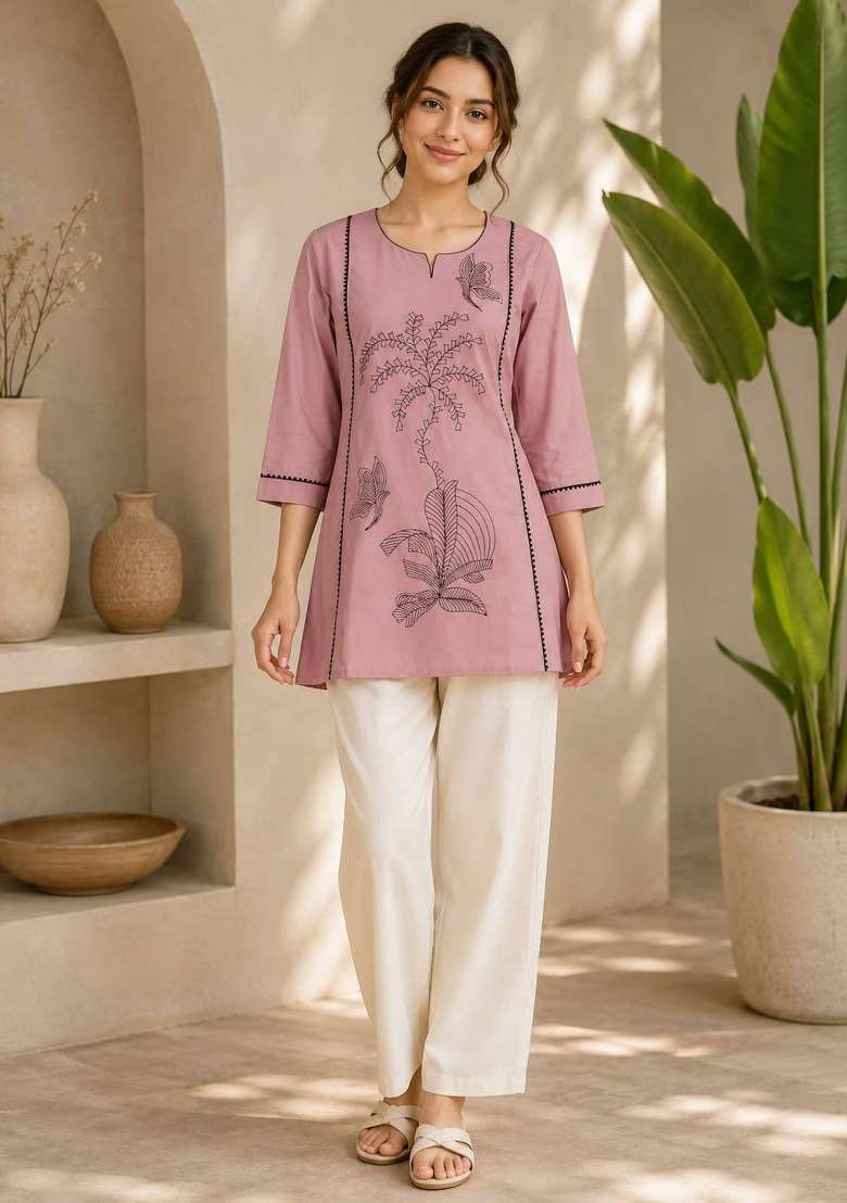 Light Pink Embroidered Cotton Salwar Kameez - Indya
