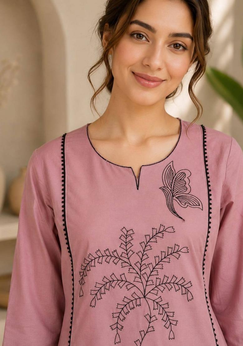 Light Pink Embroidered Cotton Salwar Kameez - Indya