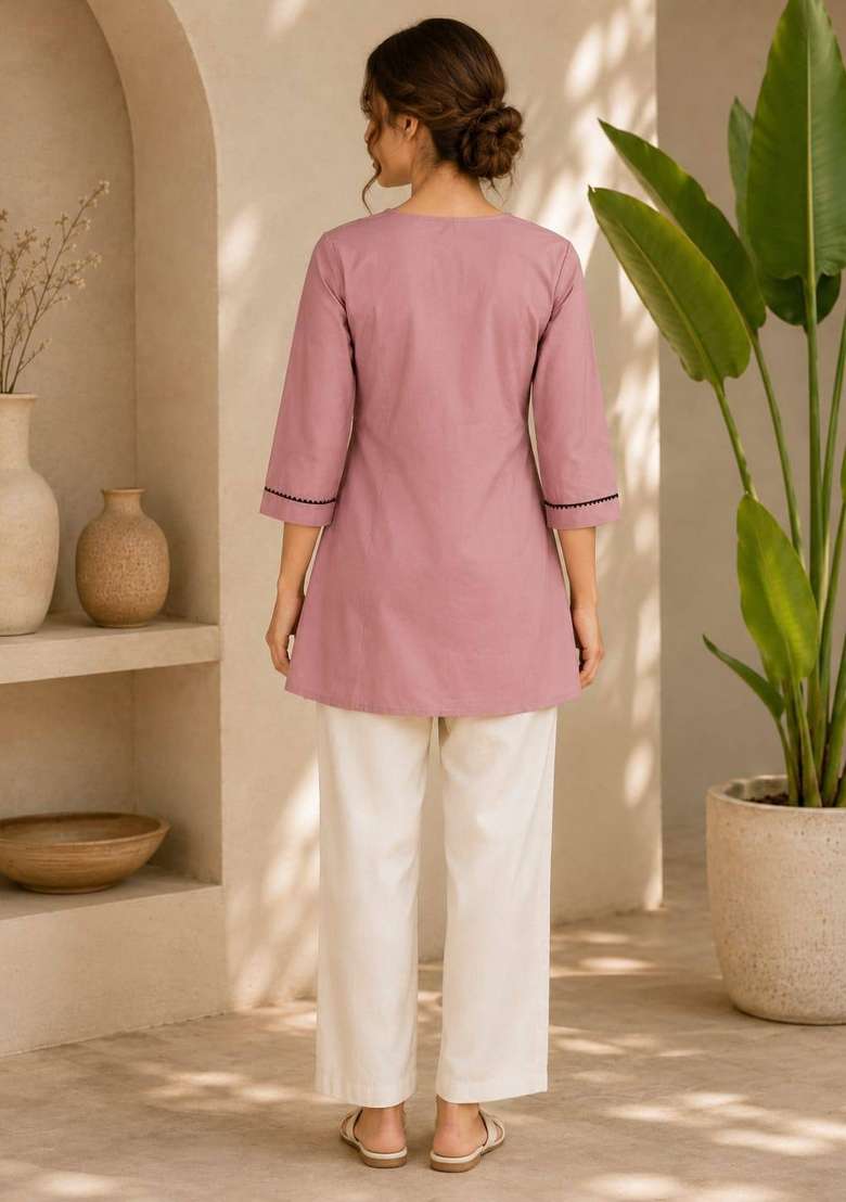 Light Pink Embroidered Cotton Salwar Kameez - Indya