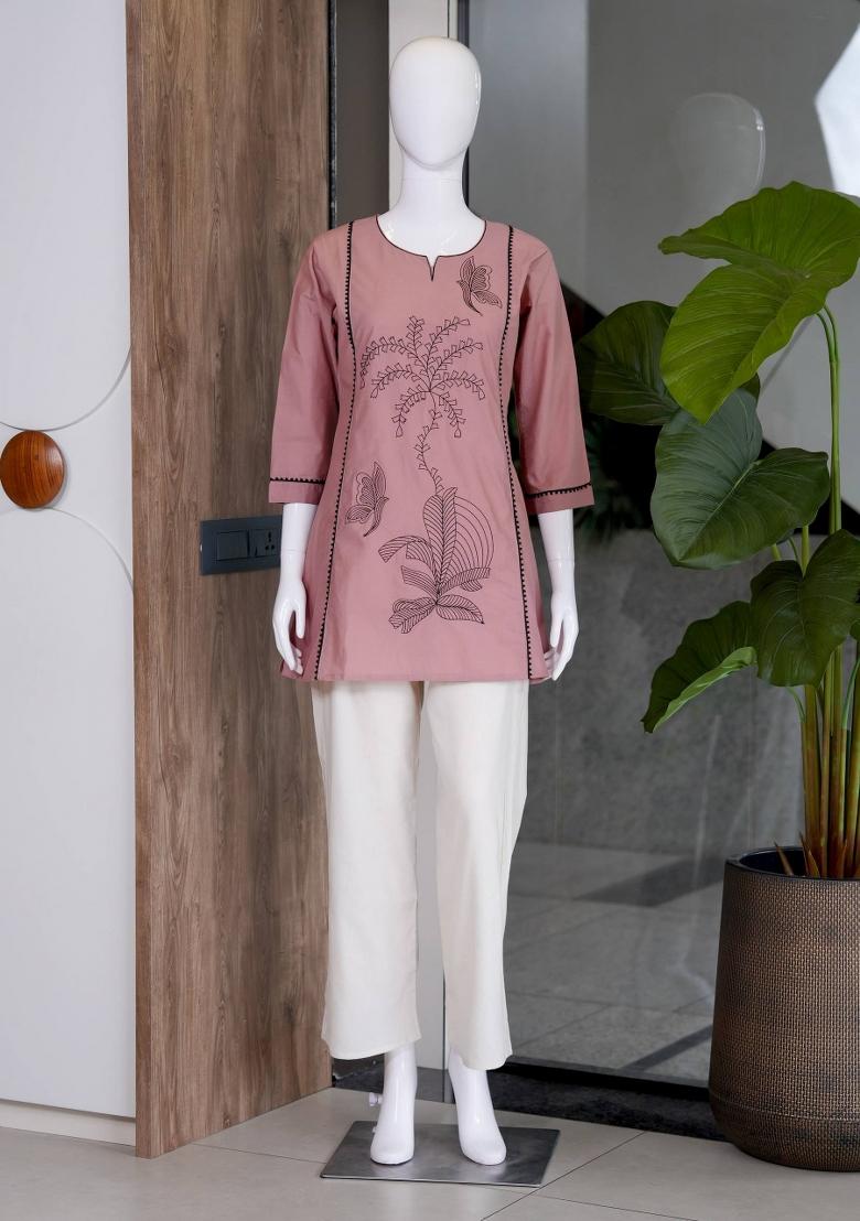 Light Pink Embroidered Cotton Salwar Kameez - Indya