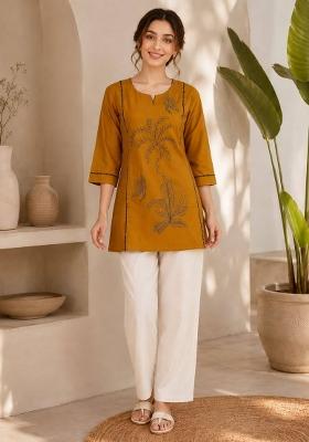 Mustard Embroidered Cotton Salwar Kameez