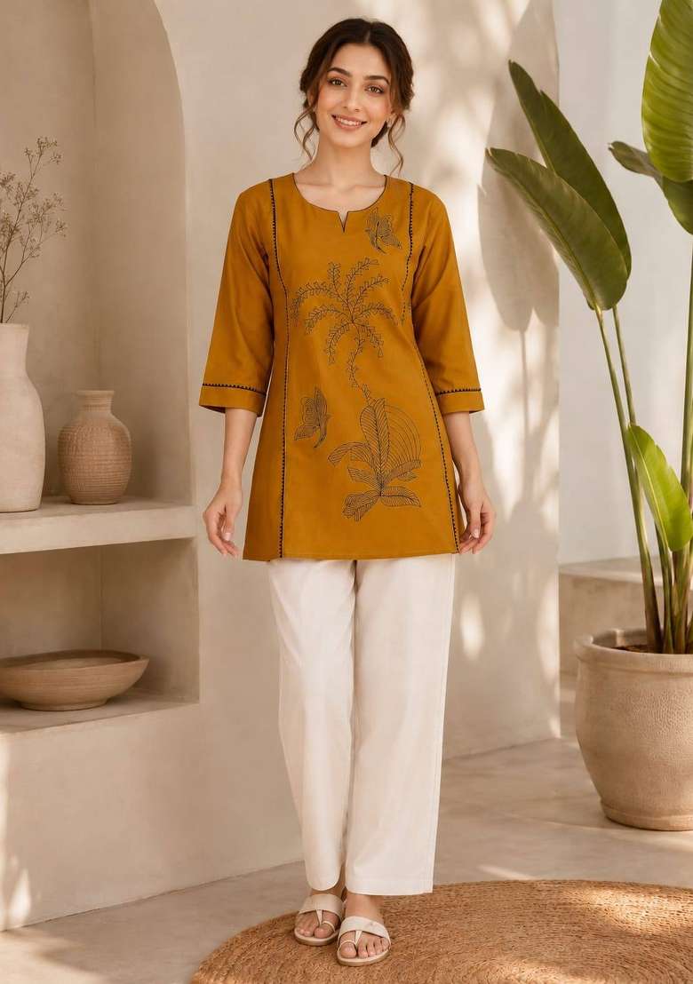 Mustard Embroidered Cotton Salwar Kameez - Indya