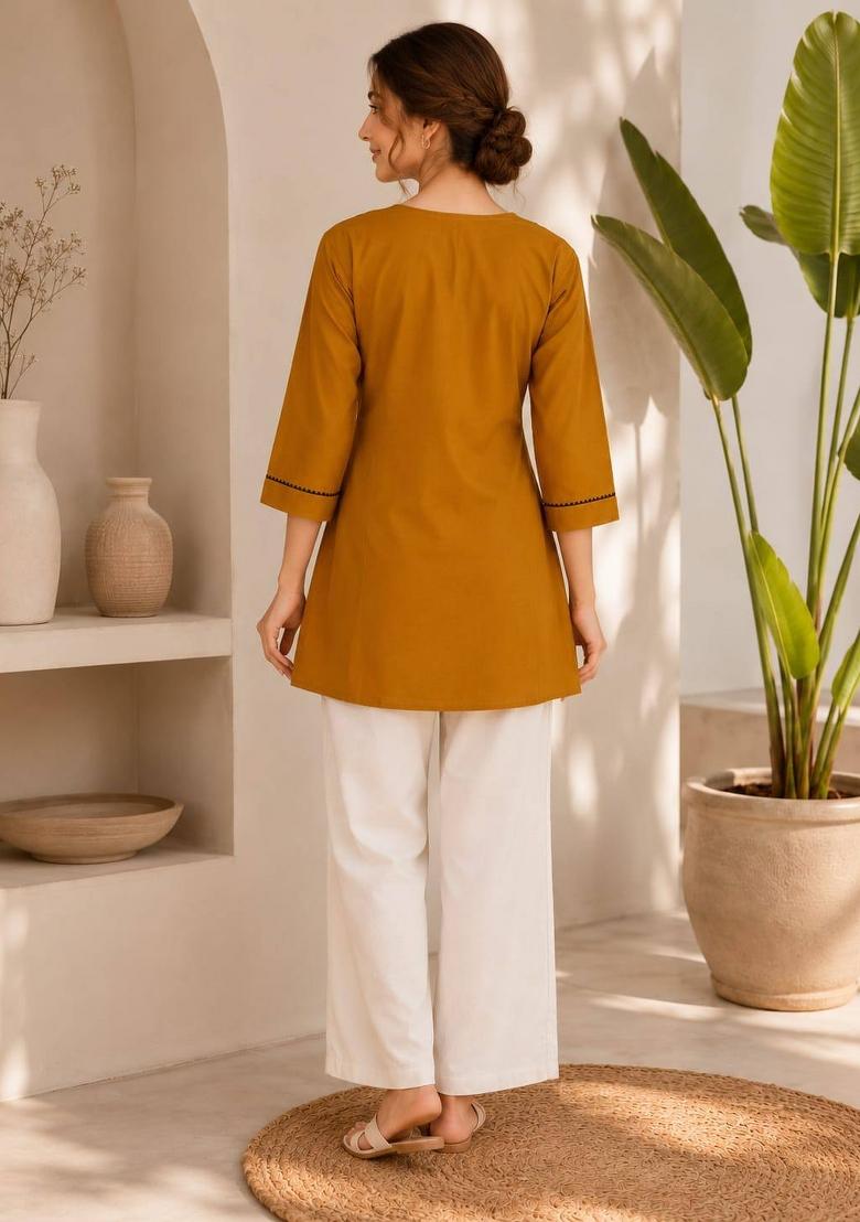 Mustard Embroidered Cotton Salwar Kameez - Indya