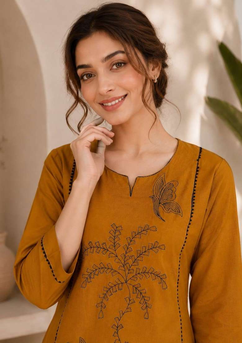 Mustard Embroidered Cotton Salwar Kameez - Indya