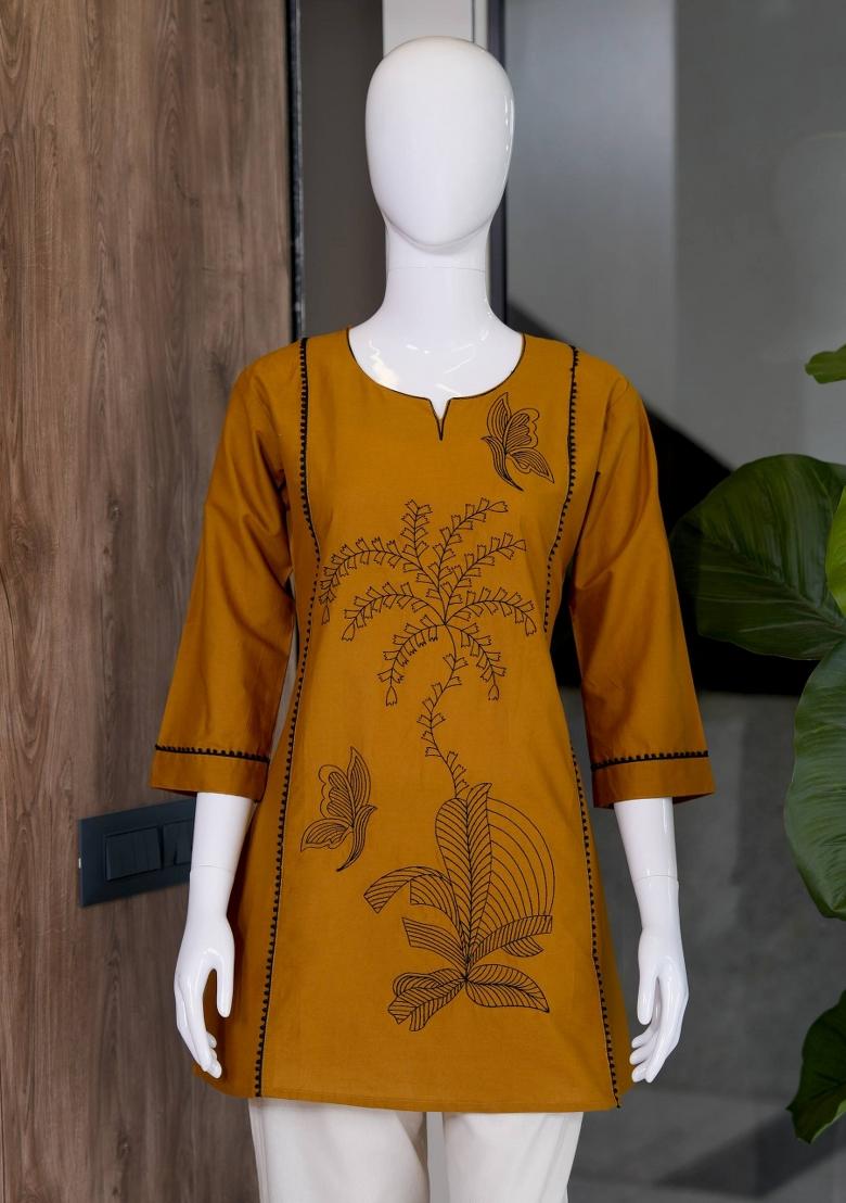 Mustard Embroidered Cotton Salwar Kameez - Indya