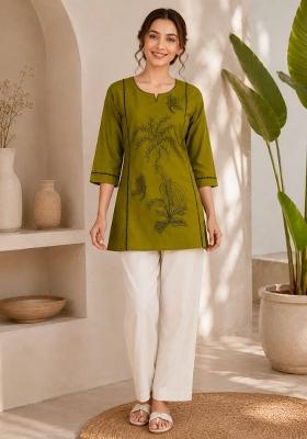 Olive Embroidered Cotton Salwar Kameez