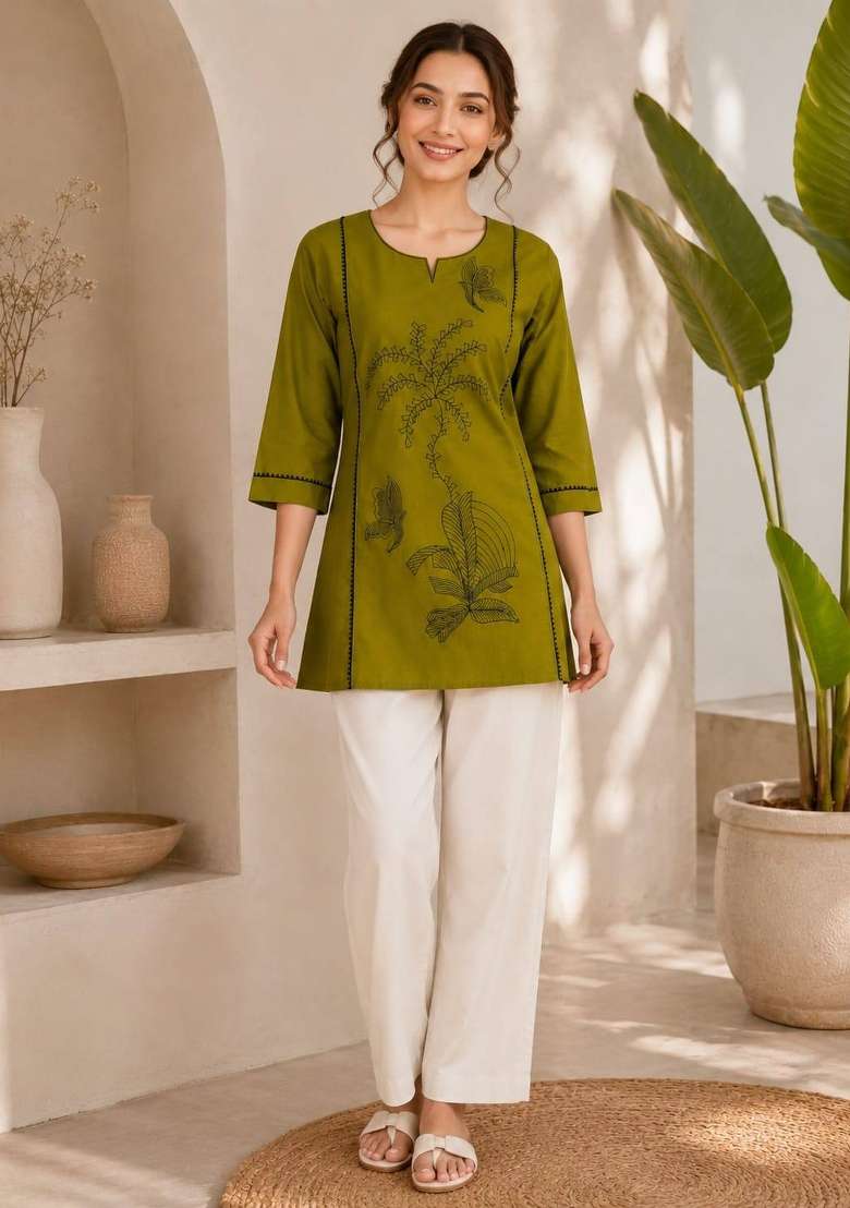 Olive Embroidered Cotton Salwar Kameez - Indya