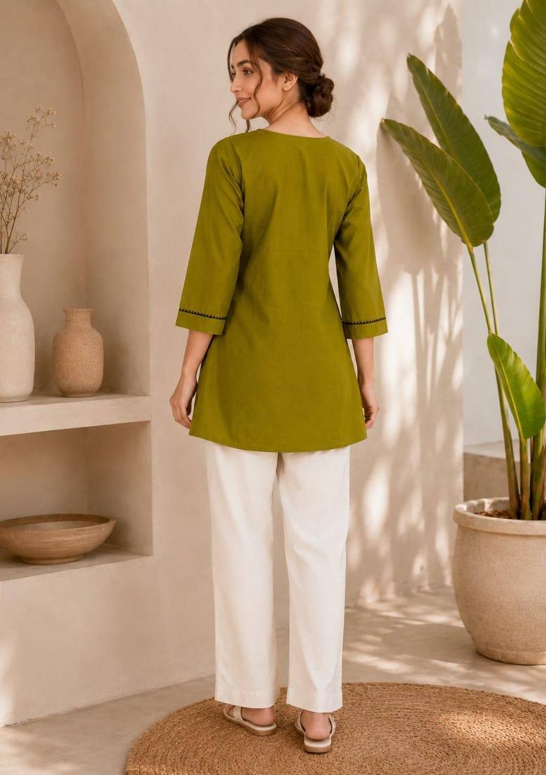 Olive Embroidered Cotton Salwar Kameez - Indya