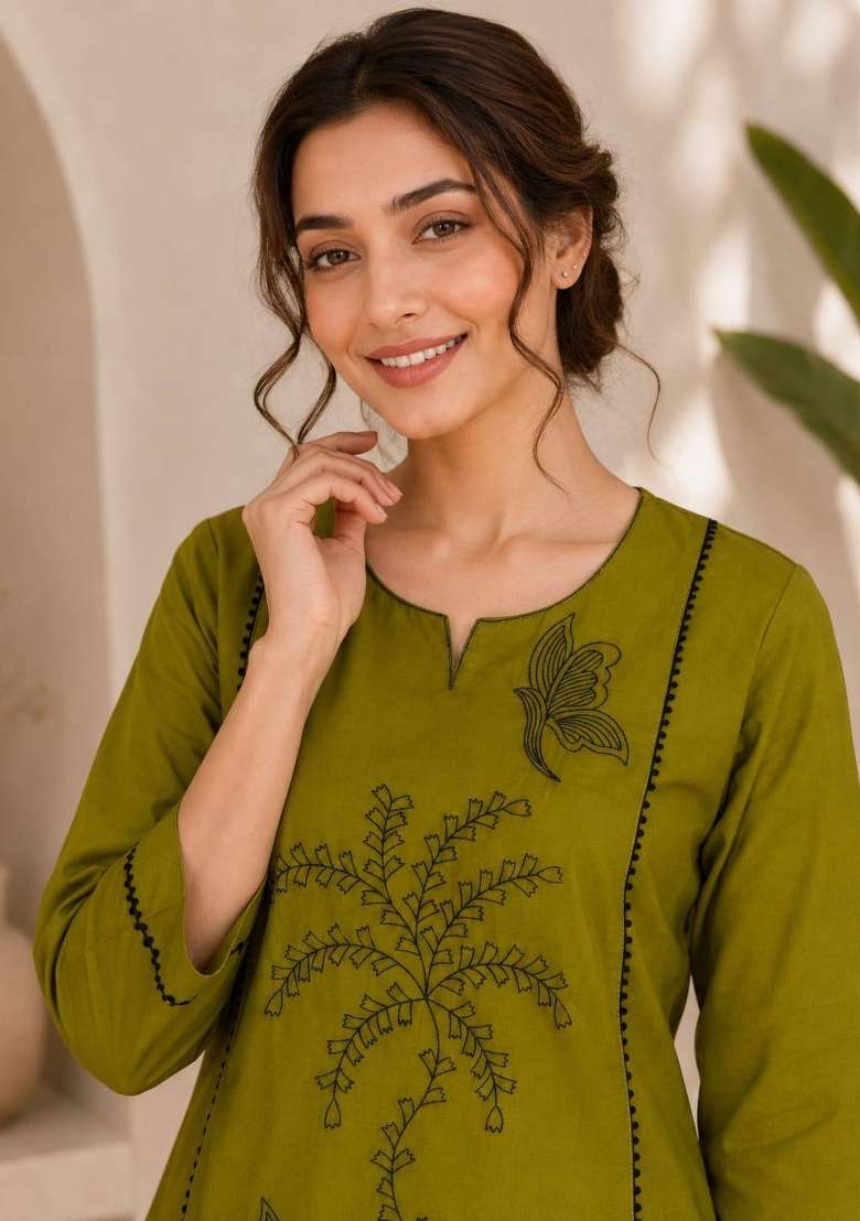Olive Embroidered Cotton Salwar Kameez - Indya