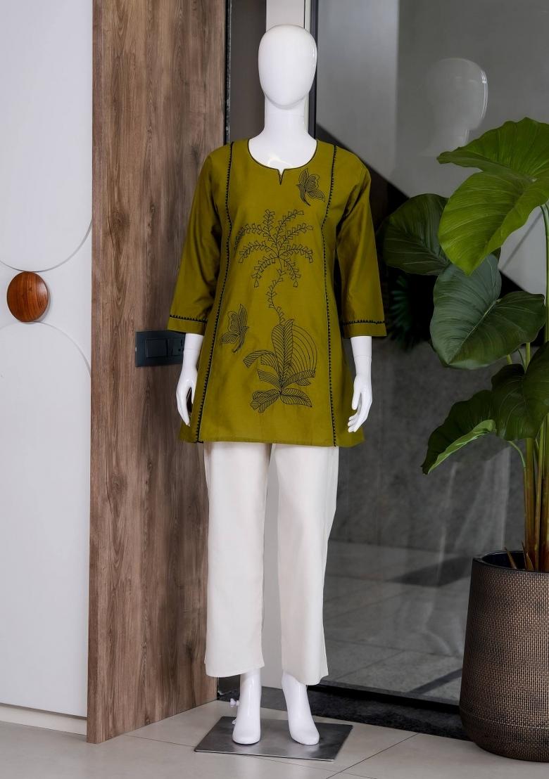 Olive Embroidered Cotton Salwar Kameez - Indya