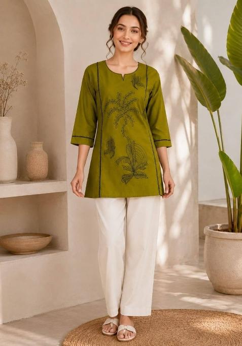 Olive Embroidered Cotton Salwar Kameez