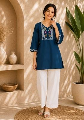 Blue Embroidered Cotton Salwar Kameez