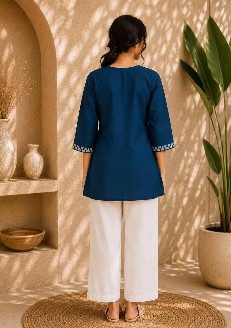 Blue Embroidered Cotton Salwar Kameez - Indya