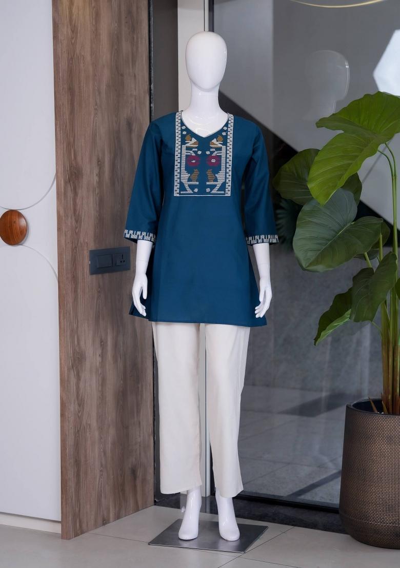 Blue Embroidered Cotton Salwar Kameez - Indya