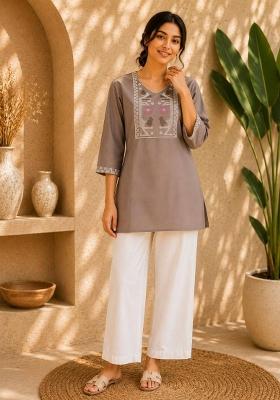 Brown Embroidered Cotton Salwar Kameez