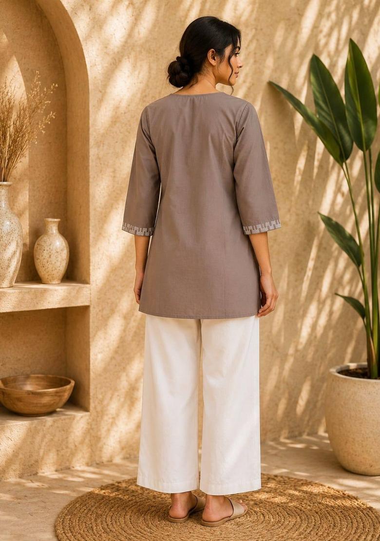 Brown Embroidered Cotton Salwar Kameez - Indya