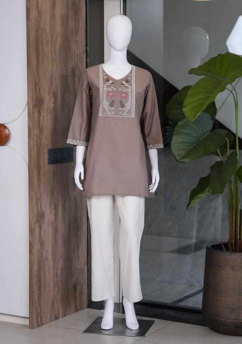 Brown Embroidered Cotton Salwar Kameez - Indya