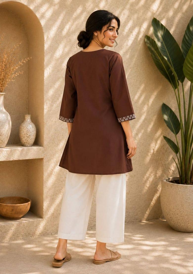 Chocolate Embroidered Cotton Salwar Kameez - Indya