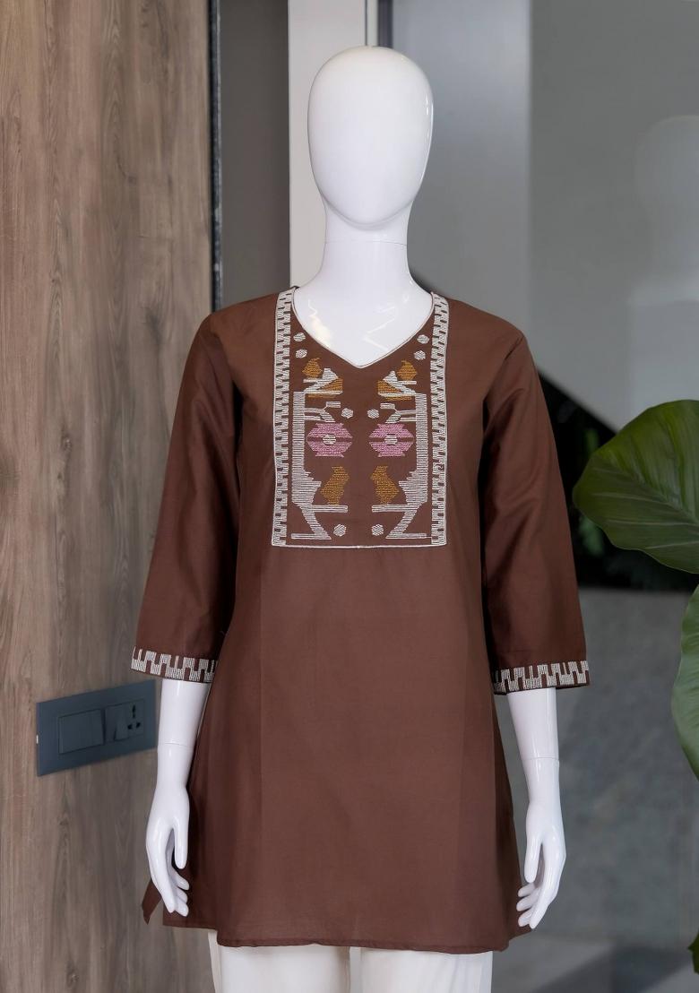 Chocolate Embroidered Cotton Salwar Kameez - Indya