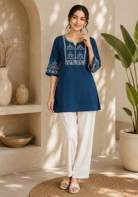 Blue Embroidered Cotton Salwar Kameez