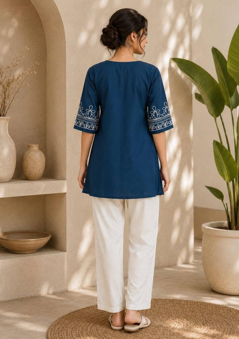 Blue Embroidered Cotton Salwar Kameez - Indya