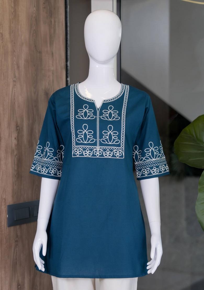Blue Embroidered Cotton Salwar Kameez - Indya
