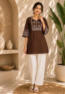 Chocolate Embroidered Cotton Salwar Kameez