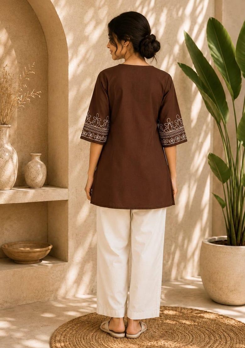 Chocolate Embroidered Cotton Salwar Kameez - Indya