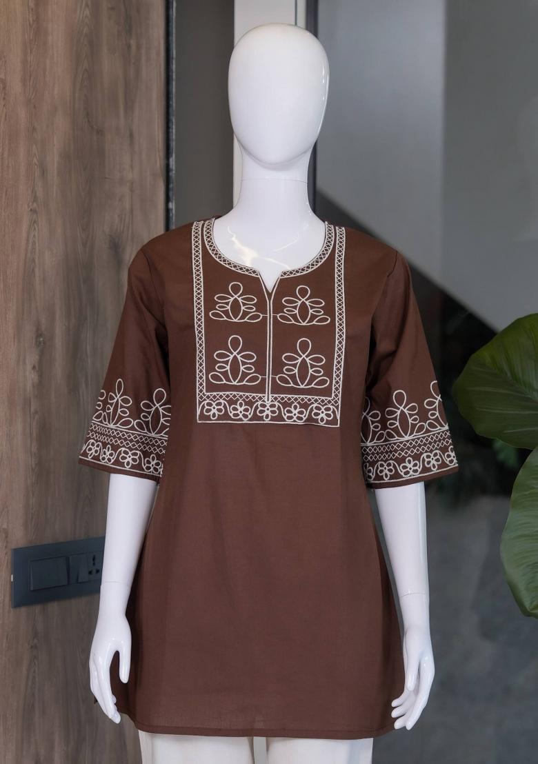Chocolate Embroidered Cotton Salwar Kameez - Indya