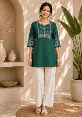 Teal Embroidered Cotton Salwar Kameez