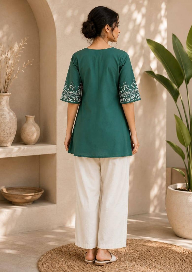 Teal Embroidered Cotton Salwar Kameez - Indya