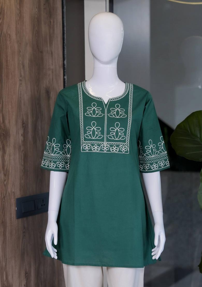 Teal Embroidered Cotton Salwar Kameez - Indya
