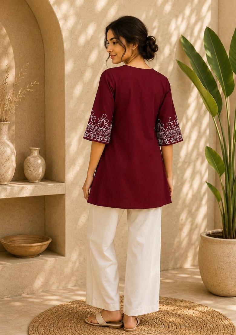 Red Embroidered Cotton Salwar Kameez - Indya