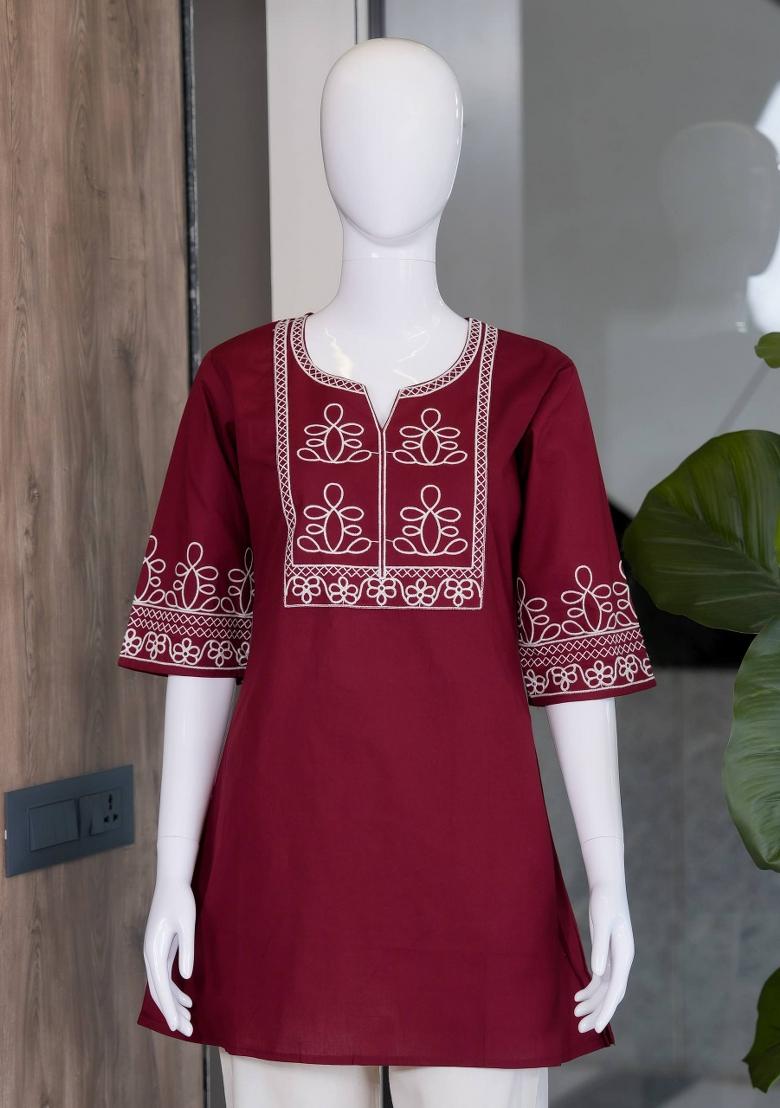 Red Embroidered Cotton Salwar Kameez - Indya