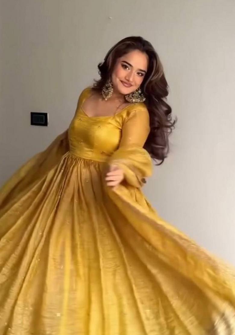 Yellow Embroidered Silk Salwar Kameez - Indya
