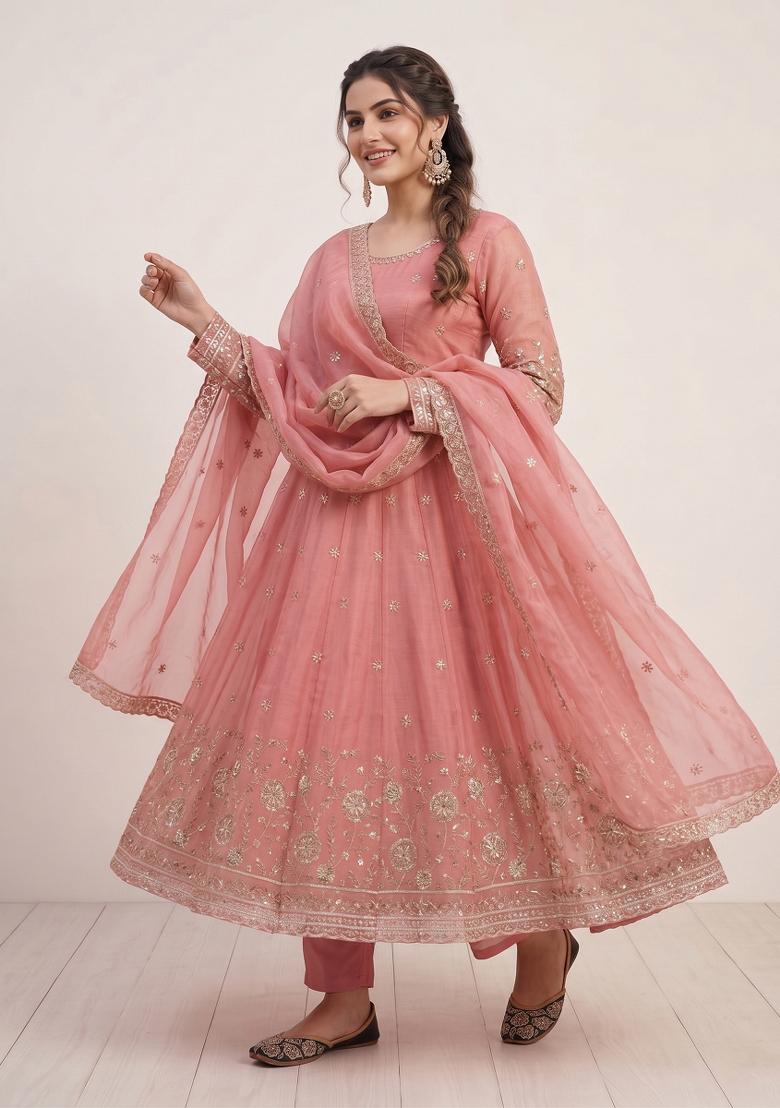Peach Embroidered Silk Salwar Kameez - Indya