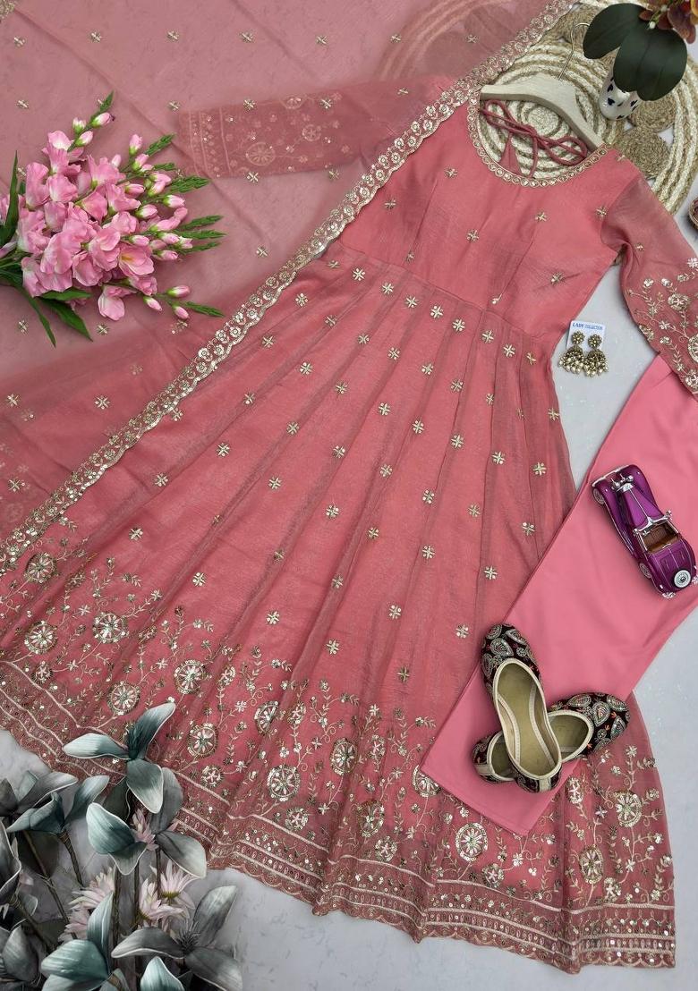 Peach Embroidered Silk Salwar Kameez - Indya