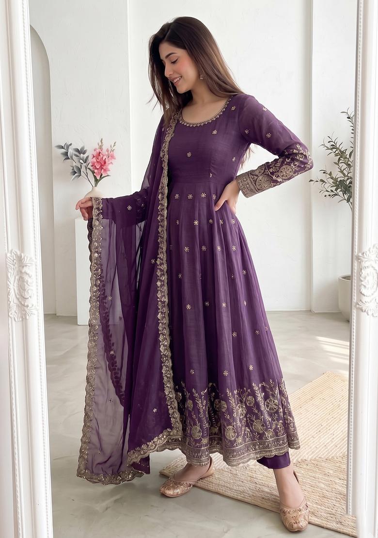 Purple Embroidered Silk Salwar Kameez - Indya