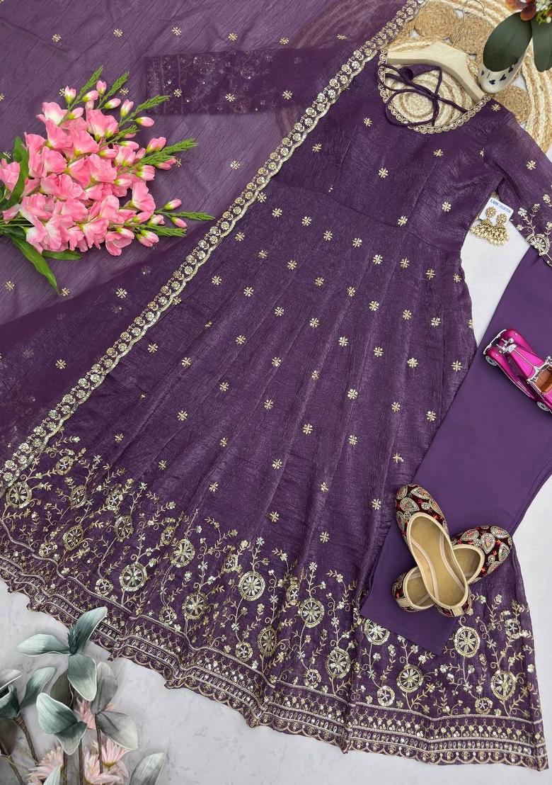 Purple Embroidered Silk Salwar Kameez - Indya