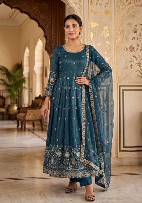 Teal Embroidered Silk Salwar Kameez