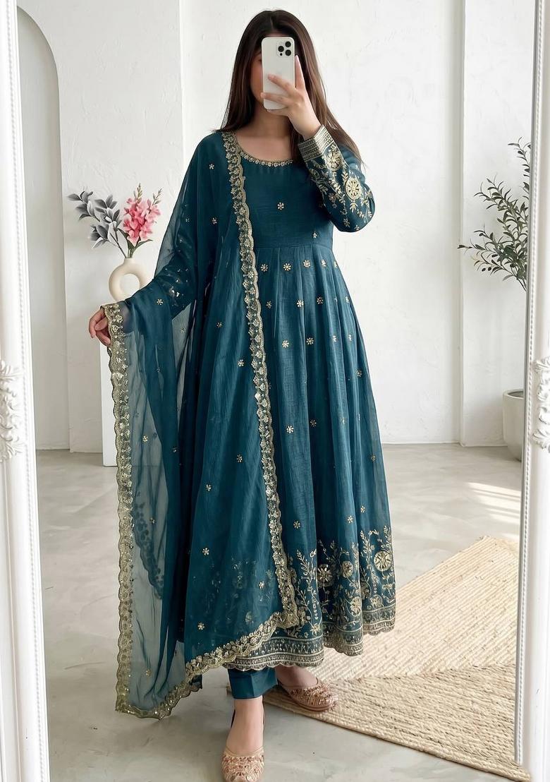 Teal Embroidered Silk Salwar Kameez - Indya