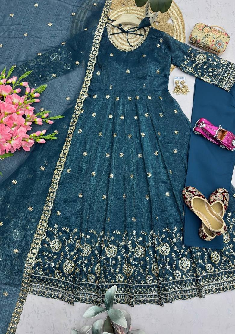 Teal Embroidered Silk Salwar Kameez - Indya
