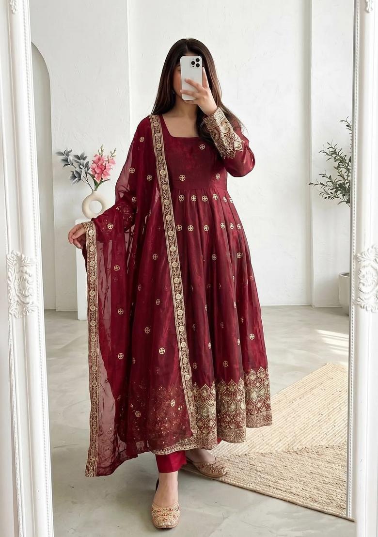Maroon Embroidered Silk Salwar Kameez - Indya
