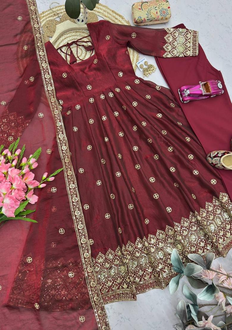 Maroon Embroidered Silk Salwar Kameez - Indya